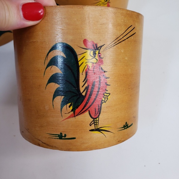 Vintage MCM Round Wooden Kitchen Canister Set Rooster  Vintage MCM Round Wooden Kitchen Canister Set Roosters Chickens Japan